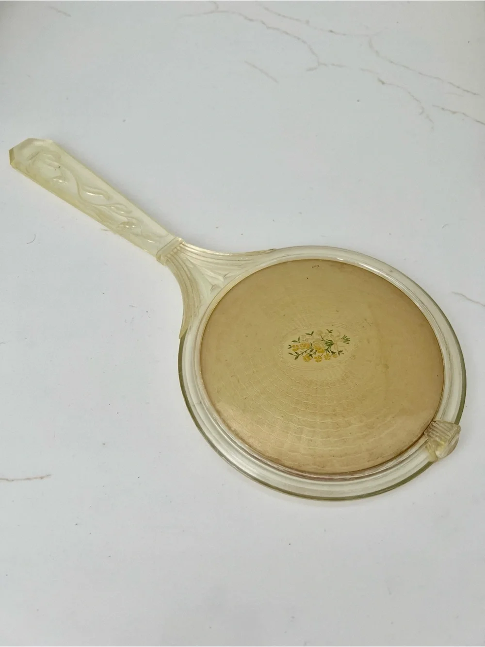 Vintage Lucite Hand Mirror with Floral Design